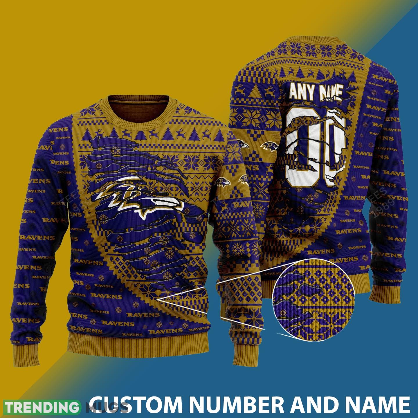 Baltimore Ravens NFL Christmas Snowflakes Reindeer 3D Sweater Custom Number And Name - Baltimore Ravens NFL Christmas Knitted Sweater Photo 1 Baltimore Ravens NFL Christmas Snowflakes Reindeer 3D Sweater Custom Number And Name - Baltimore Ravens NFL Christmas Knitted Sweater Photo 1