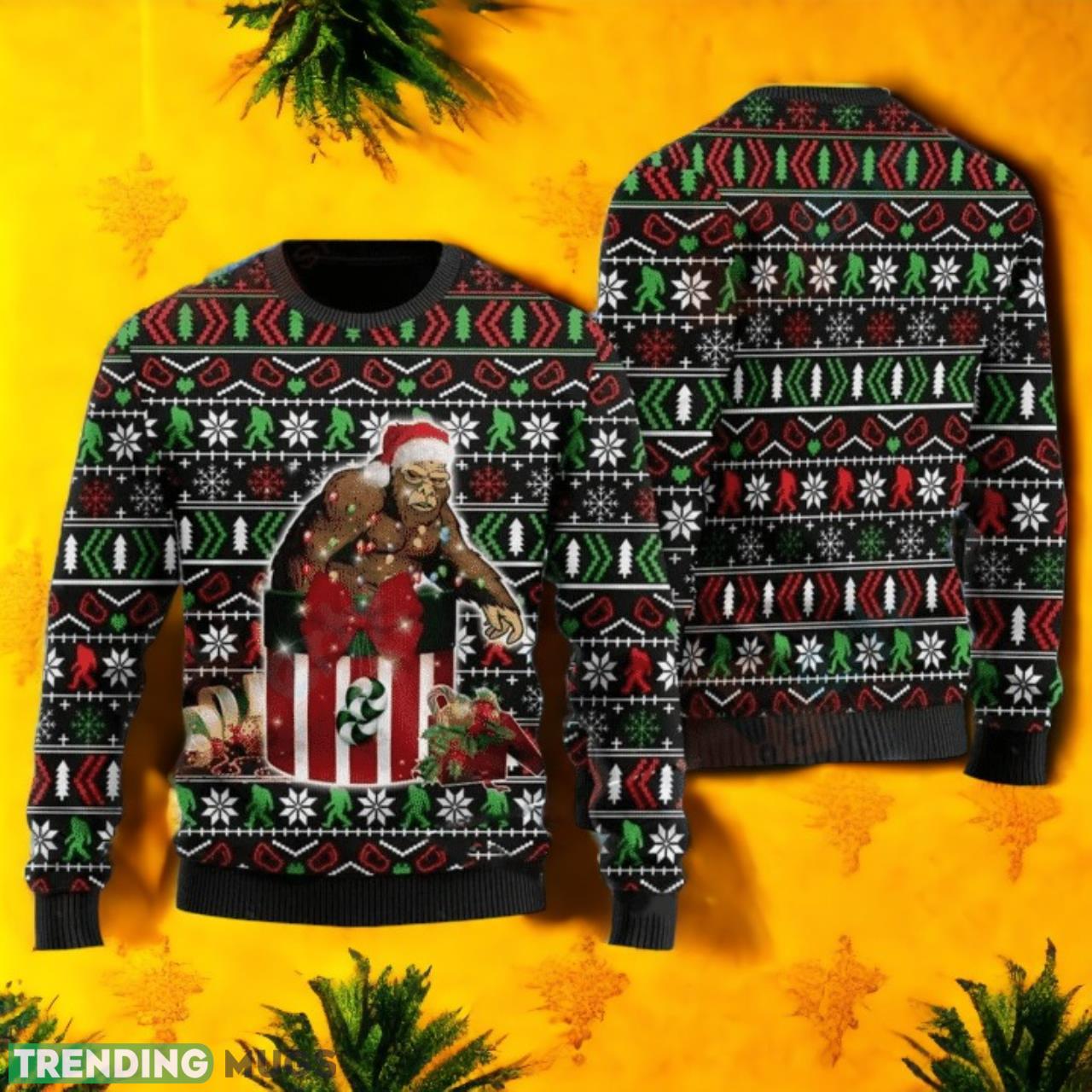 Bigfoot In The Gift Box Ugly Christmas Sweater For Men & Women Product Photo 1 Bigfoot In The Gift Box Ugly Christmas Sweater For Men & Women Product Photo 1