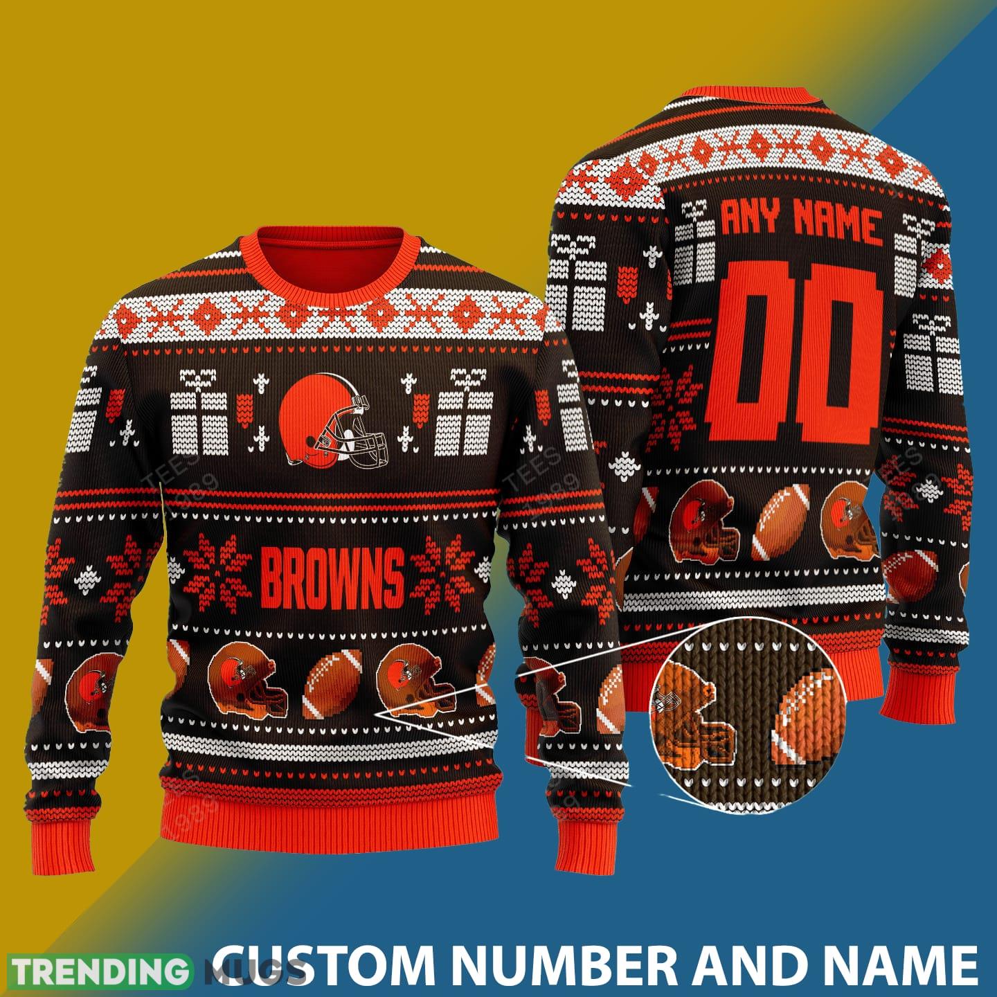 Cleveland Browns Design NFL Snowflakes Reindeer 3D Sweater Custom Number And Name - Cleveland Browns v1 NFL Knitted Sweater Photo 1 Cleveland Browns Design NFL Snowflakes Reindeer 3D Sweater Custom Number And Name - Cleveland Browns v1 NFL Knitted Sweater Photo 1