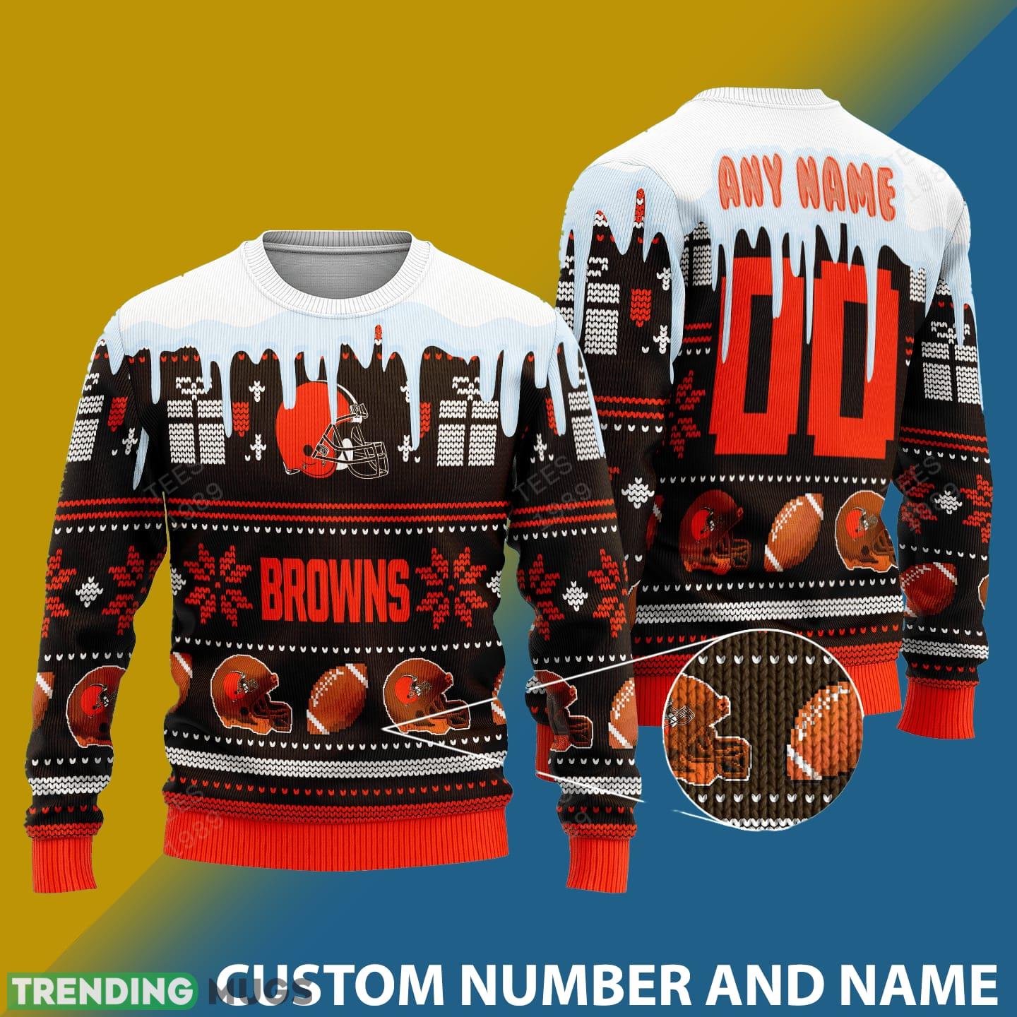 Cleveland Browns Graphics NFL Snowflakes Reindeer 3D Sweater Custom Number And Name - Cleveland Browns v2 NFL Knitted Sweater Photo 1 Cleveland Browns Graphics NFL Snowflakes Reindeer 3D Sweater Custom Number And Name - Cleveland Browns v2 NFL Knitted Sweater Photo 1