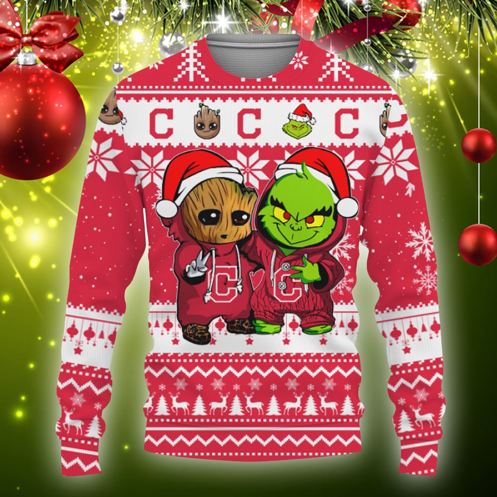 Cleveland Indians Baby Groot And Grinch Best Friends Football American Knitted Christmas Sweater - 311023-091743 Cleveland Indians Baby Groot And Grinch Best Friends Football American Knitted Christmas Sweater - 311023-091743