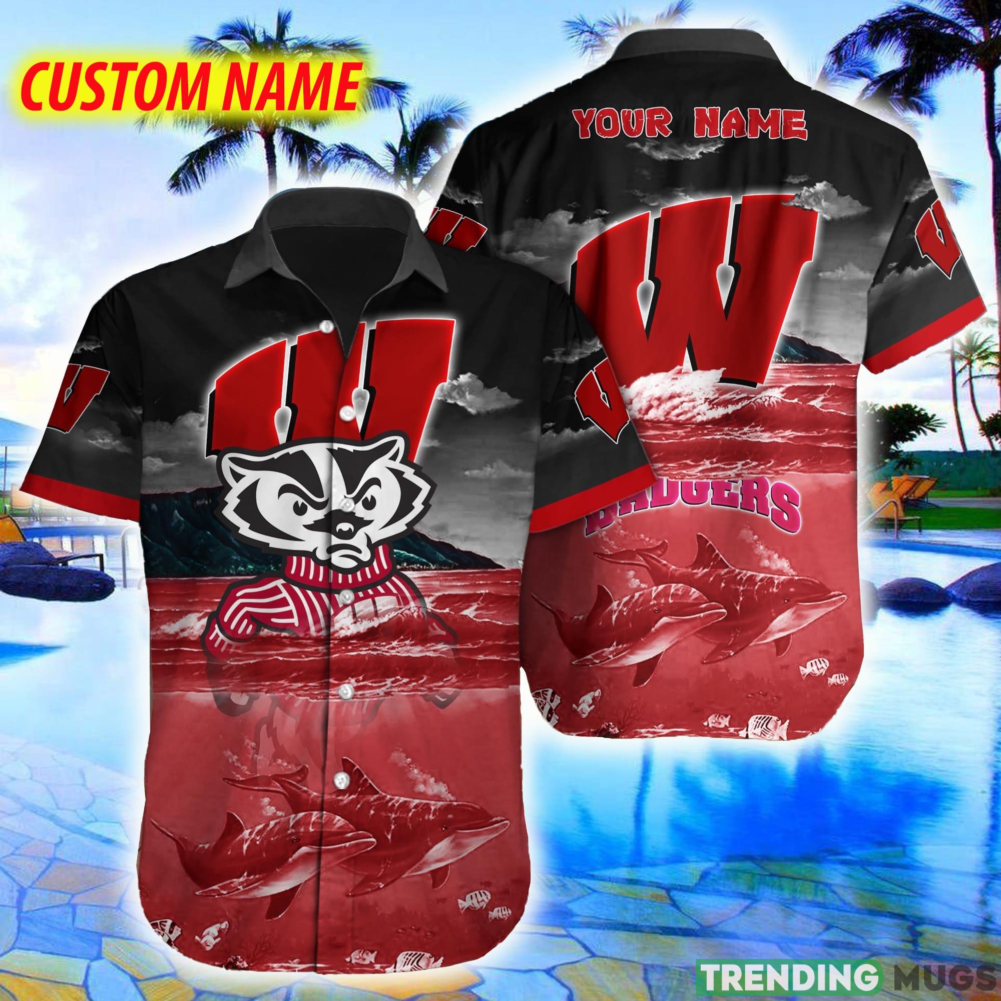 Custom Name Wisconsin Badgers NCAA Logo Dolphin Beach Funny Hawaiian Shirt - Custom Name Wisconsin Badgers NCAA Logo Dolphin Beach Funny Hawaiian Shirt Custom Name Wisconsin Badgers NCAA Logo Dolphin Beach Funny Hawaiian Shirt - Custom Name Wisconsin Badgers NCAA Logo Dolphin Beach Funny Hawaiian Shirt