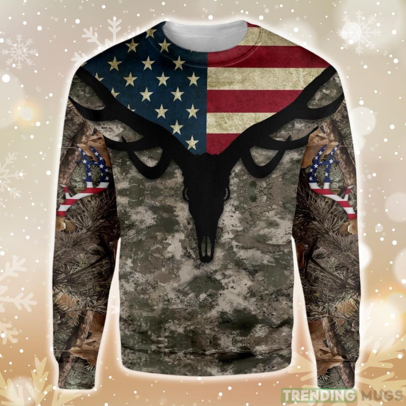 Deer Skull Hunting And American Flag Ugly Christmas Sweater Product Photo 1 Deer Skull Hunting And American Flag Ugly Christmas Sweater Product Photo 1
