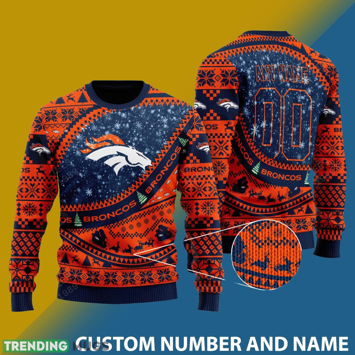 Denver Broncos NFL Ugly Snowflakes Reindeer 3D Sweater Custom Number And Name - Denver Broncos NFL Ugly Knitted Sweater Photo 1 Denver Broncos NFL Ugly Snowflakes Reindeer 3D Sweater Custom Number And Name - Denver Broncos NFL Ugly Knitted Sweater Photo 1