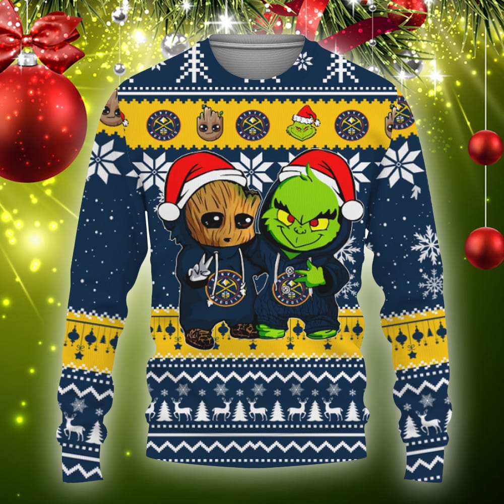 Denver Nuggets Baby Groot And Grinch Best Friends Football American Knitted Xmas 3D Sweater Gift Holidays - 311023-101022 Denver Nuggets Baby Groot And Grinch Best Friends Football American Knitted Xmas 3D Sweater Gift Holidays - 311023-101022