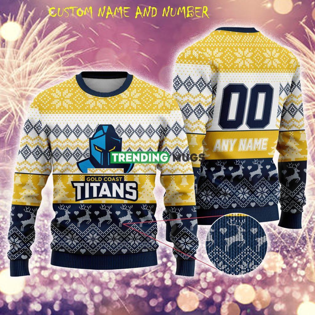 Gold Coast Titans NRL Christmas Cute 3D Ugly Sweater Gift For Men And Women Custom Number And Name - Gold Coast Titans NRL Christmas Cute 3D Ugly Sweater Gift For Men And Women Custom Number And Name