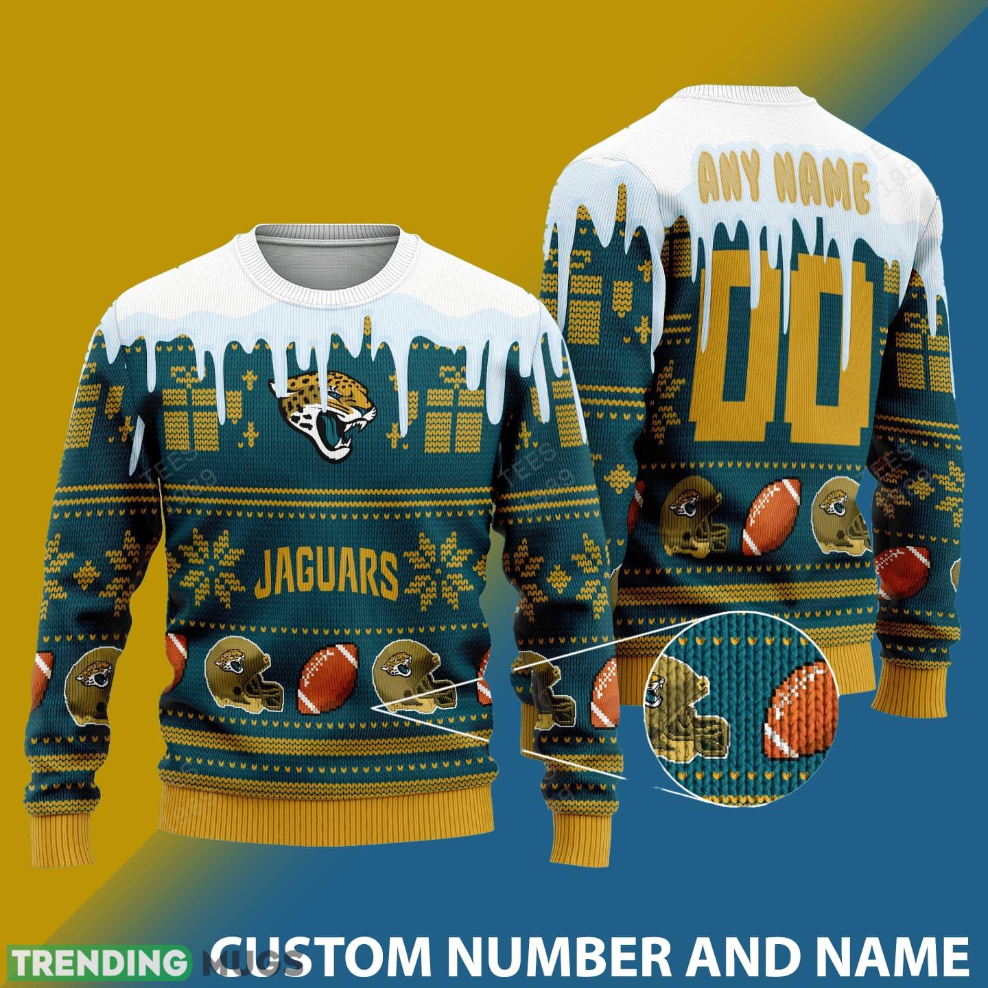 Jacksonville Jaguars Graphics NFL Snowflakes Reindeer 3D Sweater Custom Number And Name - Jacksonville Jaguars v2 NFL Knitted Sweater Photo 1 Jacksonville Jaguars Graphics NFL Snowflakes Reindeer 3D Sweater Custom Number And Name - Jacksonville Jaguars v2 NFL Knitted Sweater Photo 1