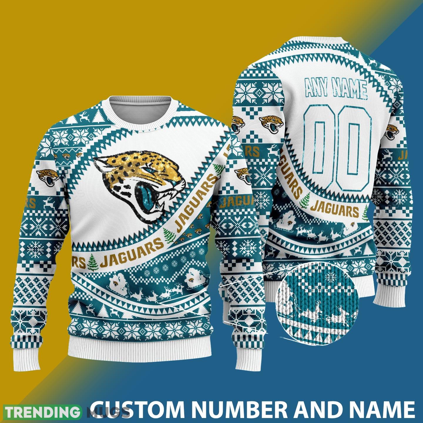 Jacksonville Jaguars NFL Ugly Snowflakes Reindeer 3D Sweater Custom Number And Name - Jacksonville Jaguars NFL Ugly Knitted Sweater Photo 1 Jacksonville Jaguars NFL Ugly Snowflakes Reindeer 3D Sweater Custom Number And Name - Jacksonville Jaguars NFL Ugly Knitted Sweater Photo 1
