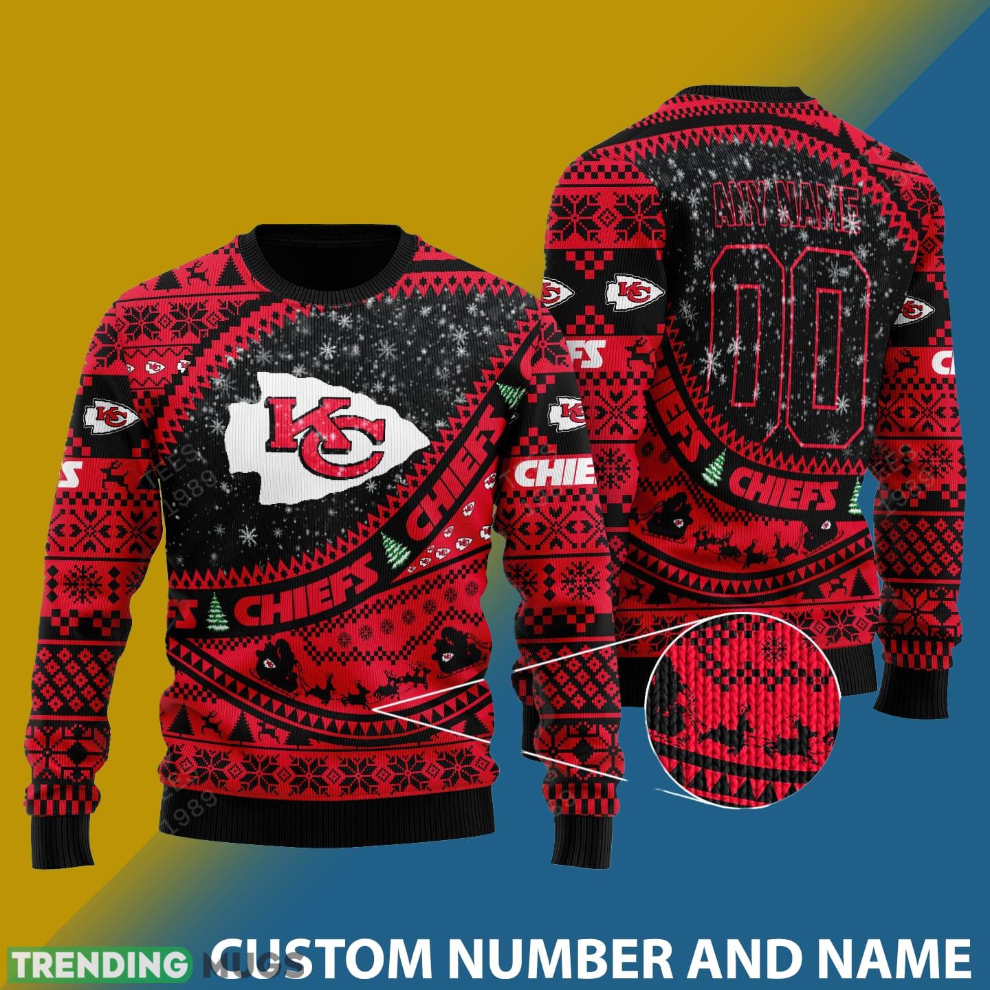 Kansas City Chiefs NFL Ugly Snowflakes Reindeer 3D Sweater Custom Number And Name - Kansas City Chiefs NFL Ugly Knitted Sweater Photo 1 Kansas City Chiefs NFL Ugly Snowflakes Reindeer 3D Sweater Custom Number And Name - Kansas City Chiefs NFL Ugly Knitted Sweater Photo 1