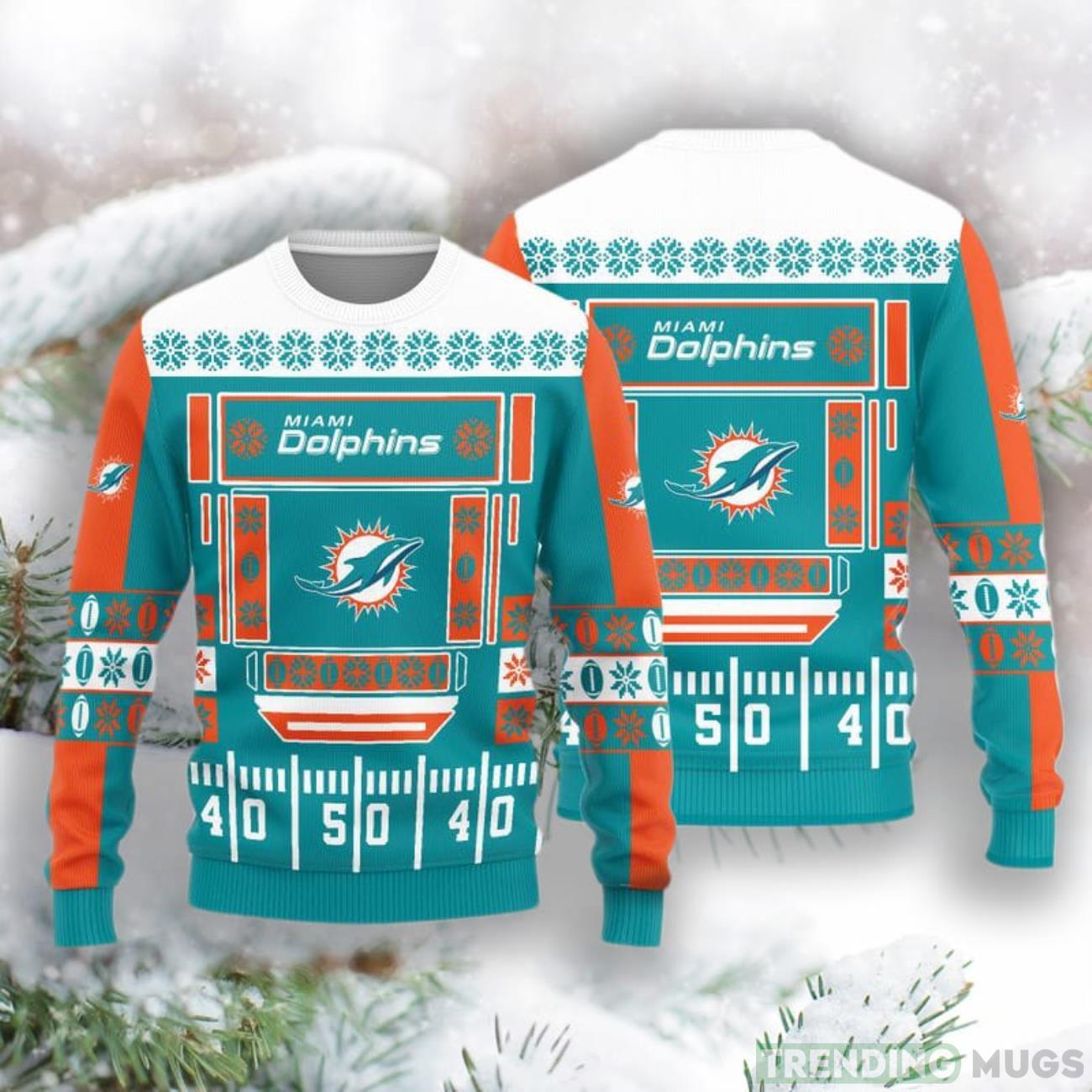 Miami Dolphins Christmas Ball Snowfalke Pattern Knitted Sweater Product Photo 1 Miami Dolphins Christmas Ball Snowfalke Pattern Knitted Sweater Product Photo 1