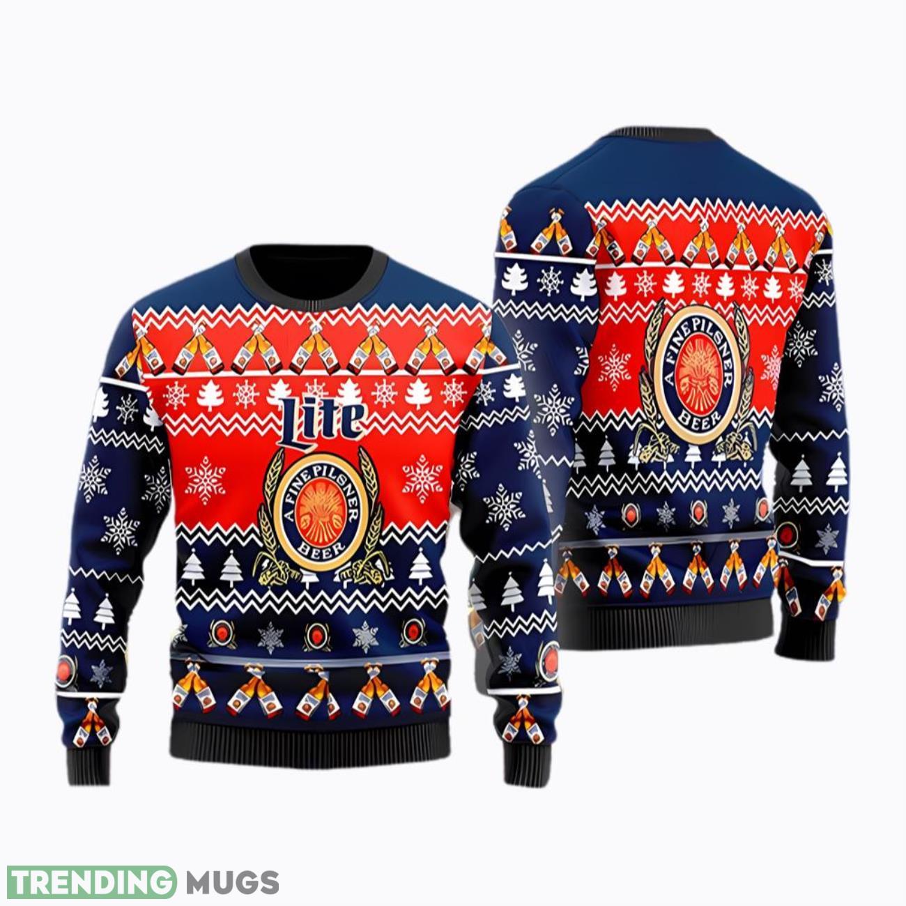 Miller Lite Beer Christmas Cheers Bottle Pattern Red And Navy Holiday Ugly Sweater Product Photo 1 Miller Lite Beer Christmas Cheers Bottle Pattern Red And Navy Holiday Ugly Sweater Product Photo 1