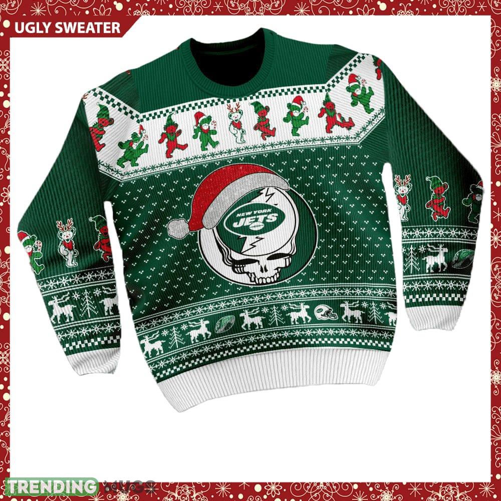 New York Jets Grateful Dead SKull And Bears NFL Ugly Christmas Sweater - New York Jets Grateful Dead SKull And Bears NFL Ugly Christmas Sweater New York Jets Grateful Dead SKull And Bears NFL Ugly Christmas Sweater - New York Jets Grateful Dead SKull And Bears NFL Ugly Christmas Sweater
