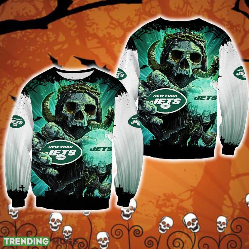 New York Jets Skull Halloween Embroider Halloween Ugly Sweater For Men And Women Gift Christmas - New York Jets Skull Halloween Embroider Halloween Ugly Sweater For Men And Women Gift Christmas