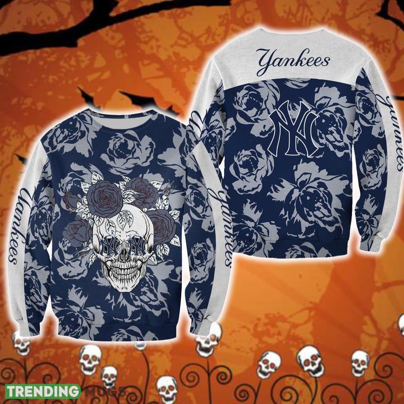 New York Yankees Skull And Rose Pattern Celebration Halloween Ugly Sweater For Men And Women Gift Christmas - New York Yankees Skull And Rose Pattern Celebration Halloween Ugly Sweater For Men And Women Gift Christmas
