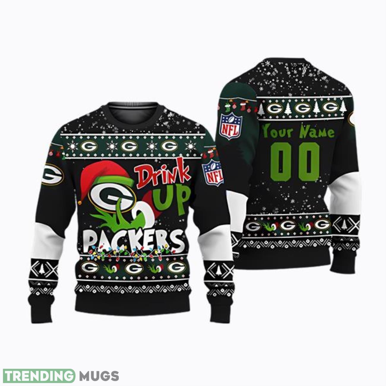 NFL Custom Name And Number Grinch Drink Up Green Bay Packers Ugly Christmas Sweaters Product Photo 1 NFL Custom Name And Number Grinch Drink Up Green Bay Packers Ugly Christmas Sweaters Product Photo 1