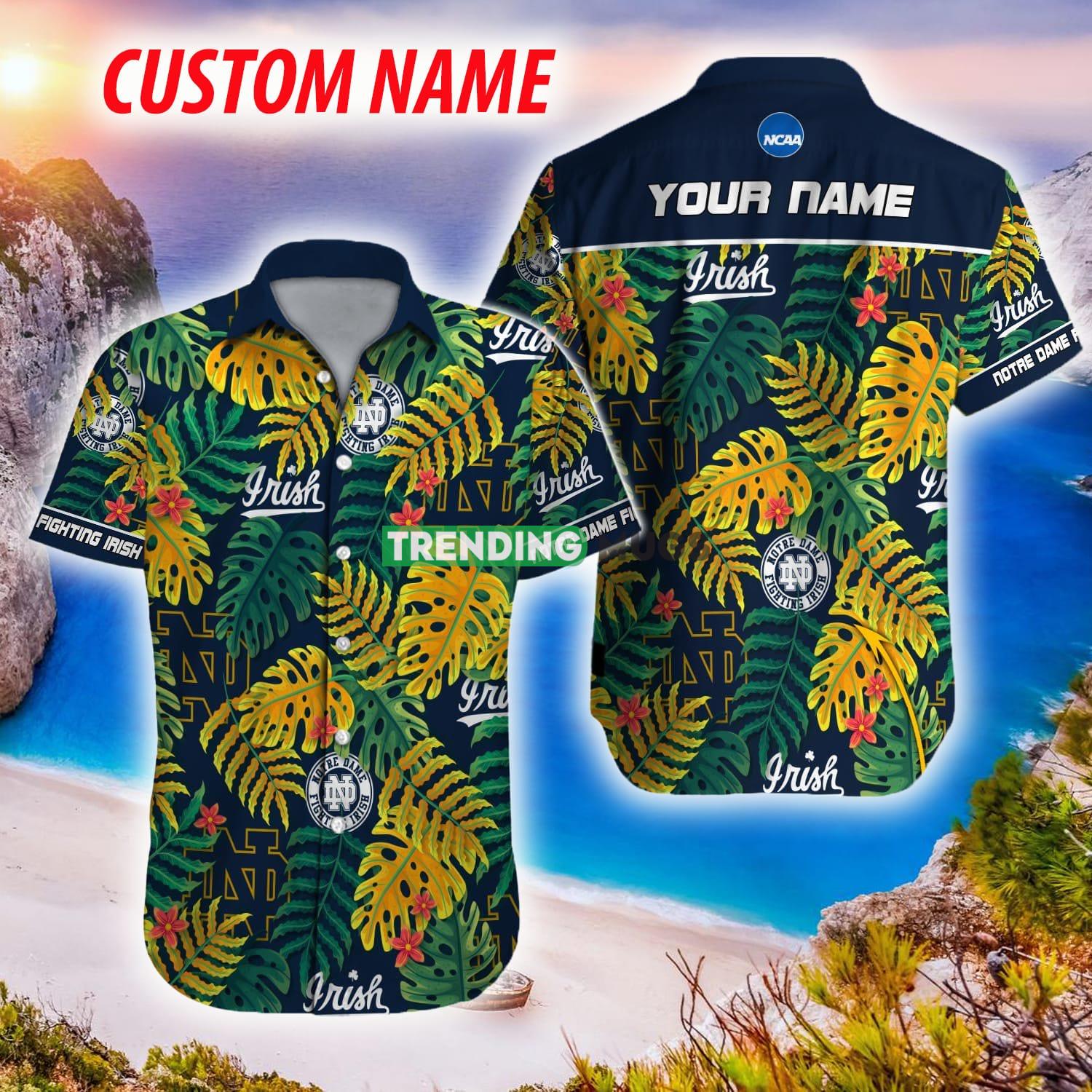 Notre Dame Fighting Irish NCAA Hawaiian Shirt Custom Name Leaf Colors For Men And Women - Notre Dame Fighting Irish NCAA Hawaiian Shirt_1 Notre Dame Fighting Irish NCAA Hawaiian Shirt Custom Name Leaf Colors For Men And Women - Notre Dame Fighting Irish NCAA Hawaiian Shirt_1