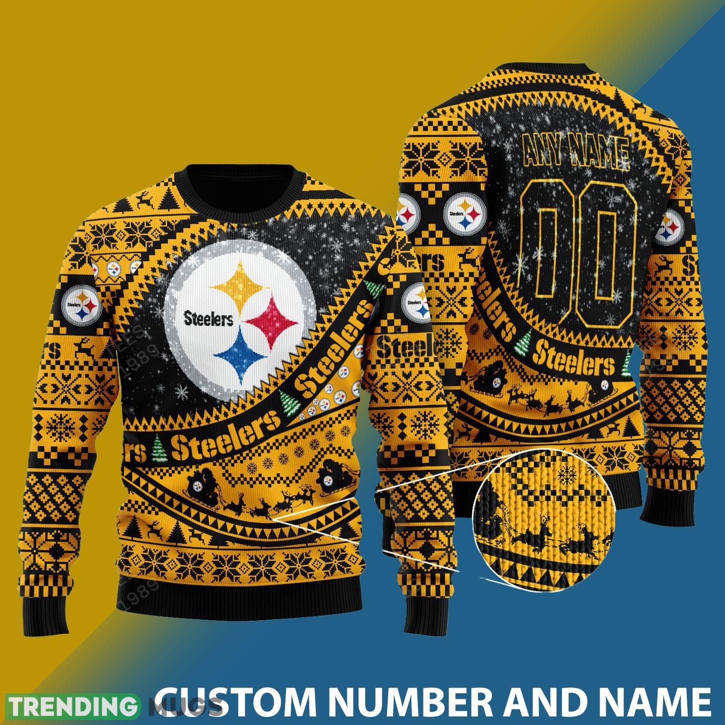 Pittsburgh Steelers NFL Ugly Snowflakes Reindeer 3D Sweater Custom Number And Name - Pittsburgh Steelers NFL Ugly Knitted Sweater Photo 1 Pittsburgh Steelers NFL Ugly Snowflakes Reindeer 3D Sweater Custom Number And Name - Pittsburgh Steelers NFL Ugly Knitted Sweater Photo 1