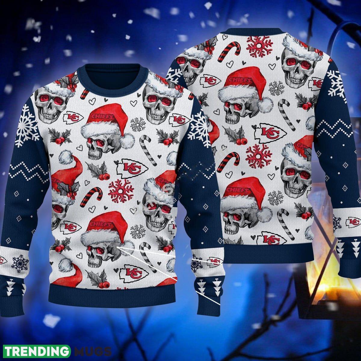 Santa Skull Kansas City Chiefs Candy Cane Ugly Sweater Navy Gift For Christmas - Santa Skull Kansas City Chiefs Candy Cane Ugly Sweater Navy Gift For Christmas