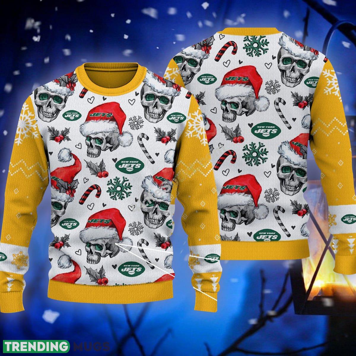 Santa Skull New York Jets Candy Cane Ugly Sweater Yellow Gift For Christmas - Santa Skull New York Jets Candy Cane Ugly Sweater Yellow Gift For Christmas