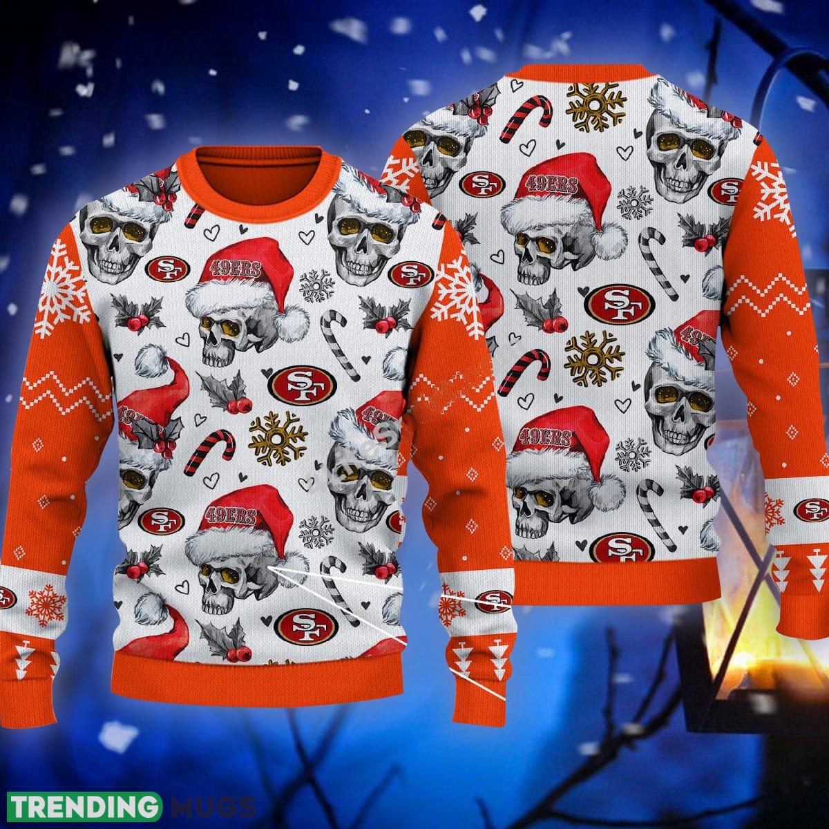 Santa Skull San Francisco 49ers Candy Cane Ugly Sweater Orange Gift For Christmas - Santa Skull San Francisco 49ers Candy Cane Ugly Sweater Orange Gift For Christmas