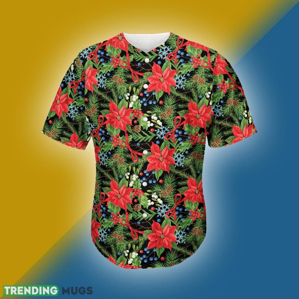 Xmas Poinsettia Pattern Print Men's Baseball Jersey Shirt - Xmas Poinsettia Pattern Print Men's Baseball Jersey_1 Xmas Poinsettia Pattern Print Men's Baseball Jersey Shirt - Xmas Poinsettia Pattern Print Men's Baseball Jersey_1