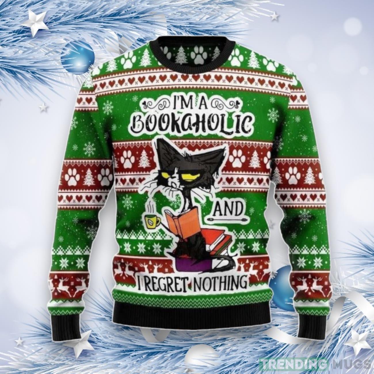 Angry Black Cat I’m A Bookaholic And I Regret Nothing Ugly Christmas Sweater Product Photo 1 Angry Black Cat I’m A Bookaholic And I Regret Nothing Ugly Christmas Sweater Product Photo 1