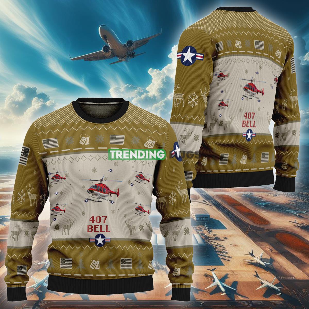 Bell 407 Aircraft B407 Ugly Christmas 3D Sweater Style Brown Air Force - Bell 407 Aircraft B407 Ugly Christmas 3D Sweater Style Brown Air Force Bell 407 Aircraft B407 Ugly Christmas 3D Sweater Style Brown Air Force - Bell 407 Aircraft B407 Ugly Christmas 3D Sweater Style Brown Air Force