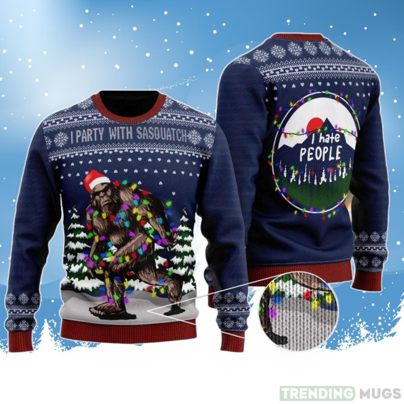 Bigfoot Santa Christmas Tree Lights Hate People Ugly Sweater Gift For Christmas Product Photo 1