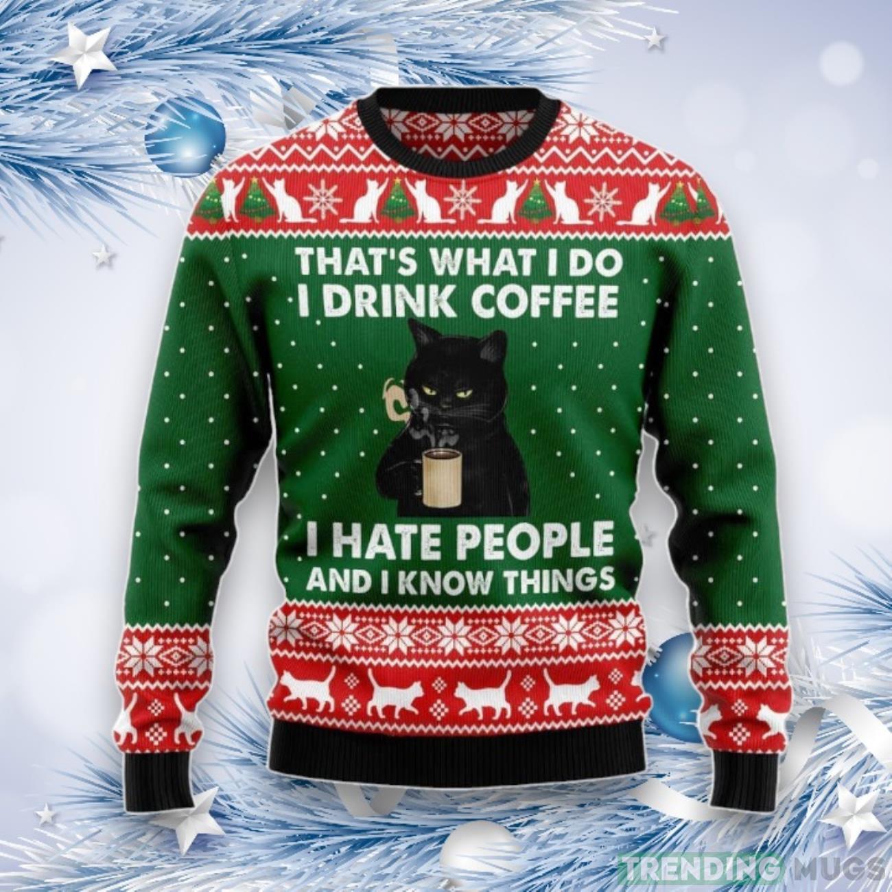 Black Cat Drink Coffee Ugly Christmas Sweater Product Photo 1 Black Cat Drink Coffee Ugly Christmas Sweater Product Photo 1