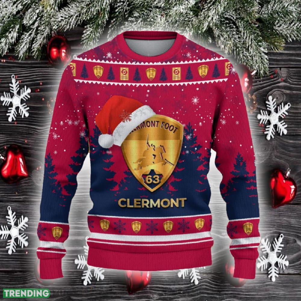 Clermont Foot Auvergne 63 Ugly Christmas Sweater Santa Hat Logo Trending Christmas Gift For Fans - Clermont Foot Auvergne 63 Ugly Christmas Sweater_2