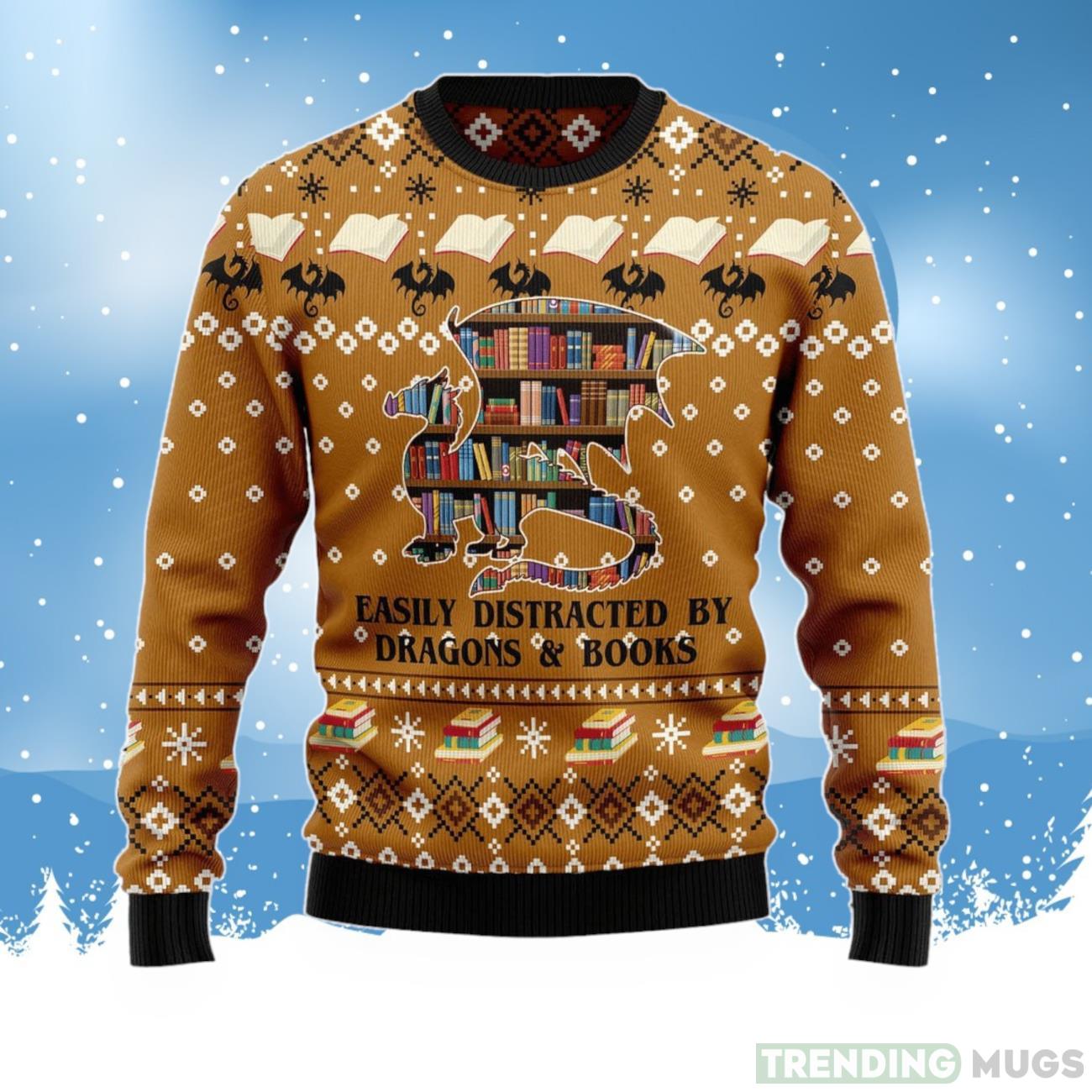 Dragon And Book Ugly Christmas Sweater For Men & Women Product Photo 1 Dragon And Book Ugly Christmas Sweater For Men & Women Product Photo 1