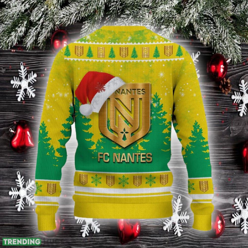 FC Nantes Ugly Christmas Sweater Santa Hat Logo Trending Christmas Gift For Fans 3D Sweater FC Nantes Ugly Christmas Sweater Santa Hat Logo Trending Christmas Gift For Fans 3D Sweater