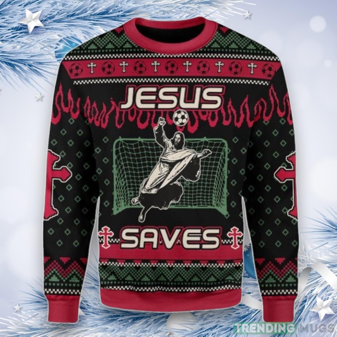 Jesus Saves Football Ugly Christmas Sweater For Men & Women Product Photo 1 Jesus Saves Football Ugly Christmas Sweater For Men & Women Product Photo 1