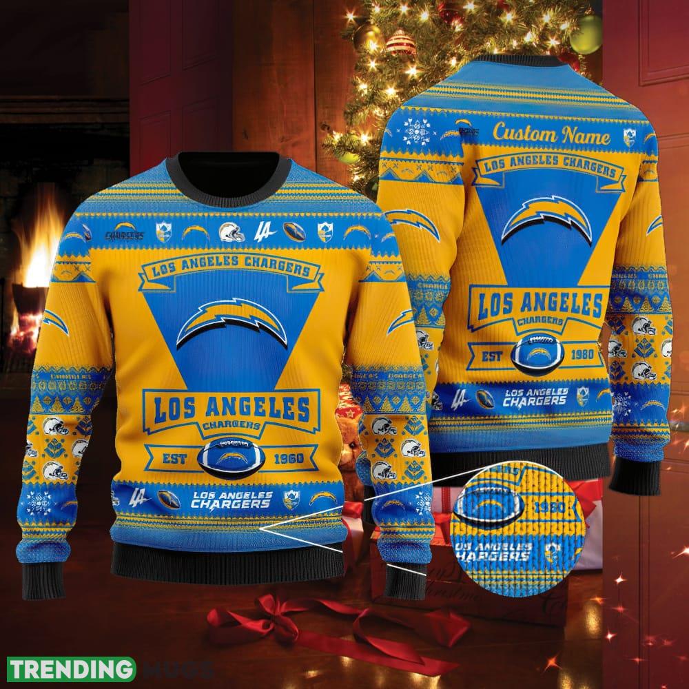 Los Angeles ChargSan Francisco 49ers Football Team Logo Ugly Christmas Sweater AOP Gather Custom Name - Los Angeles ChargSan Francisco 49ers Football Team Logo Ugly Christmas Sweater AOP Gather Custom Name