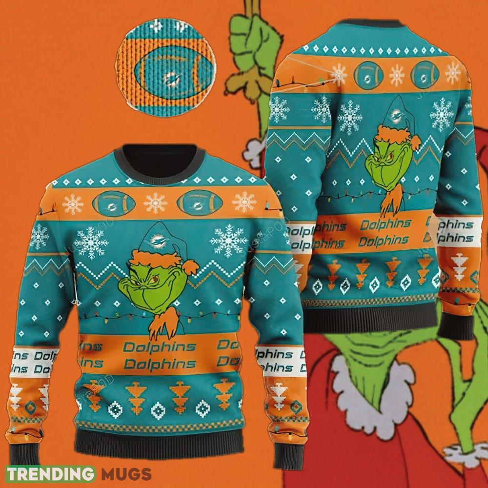 Miami Dolphins American NFL Football Team Logo Cute Grinch Ugly Christmas Sweater AOP Sleigh - Miami Dolphins American NFL Football Team Logo Cute Grinch Ugly Christmas Sweater AOP Sleigh