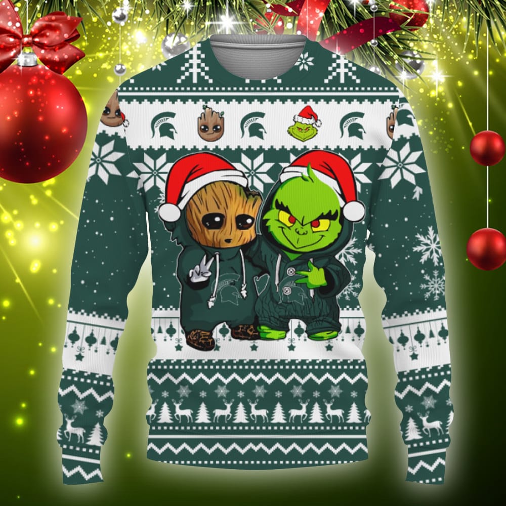 Michigan State Spartans Baby Groot And Grinch Best Friends Football American Knitted Xmas Sweater - 011123-102752 Michigan State Spartans Baby Groot And Grinch Best Friends Football American Knitted Xmas Sweater - 011123-102752