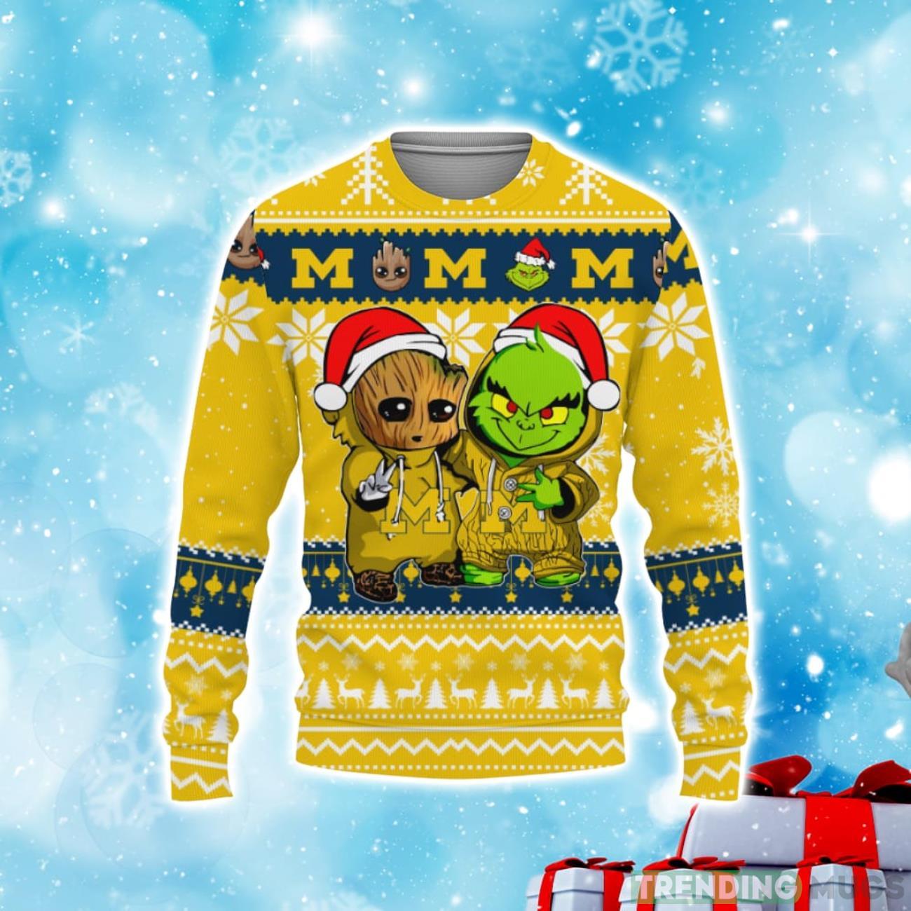 Michigan Wolverines Baby Groot And Grinch Best Friends Football American Ugly Christmas Sweater Product Photo 1