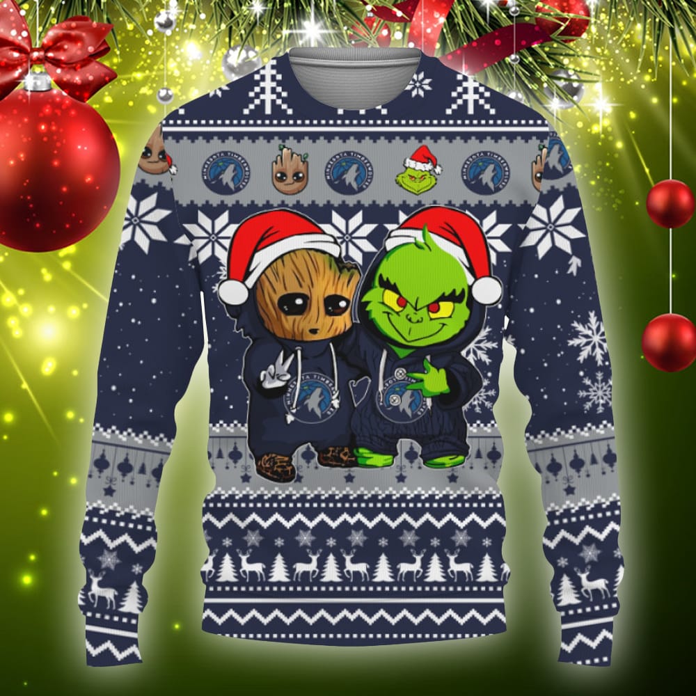 Minnesota Timberwolves Baby Groot And Grinch Best Friends Football American Knitted Christmas Sweater - 011123-104017
