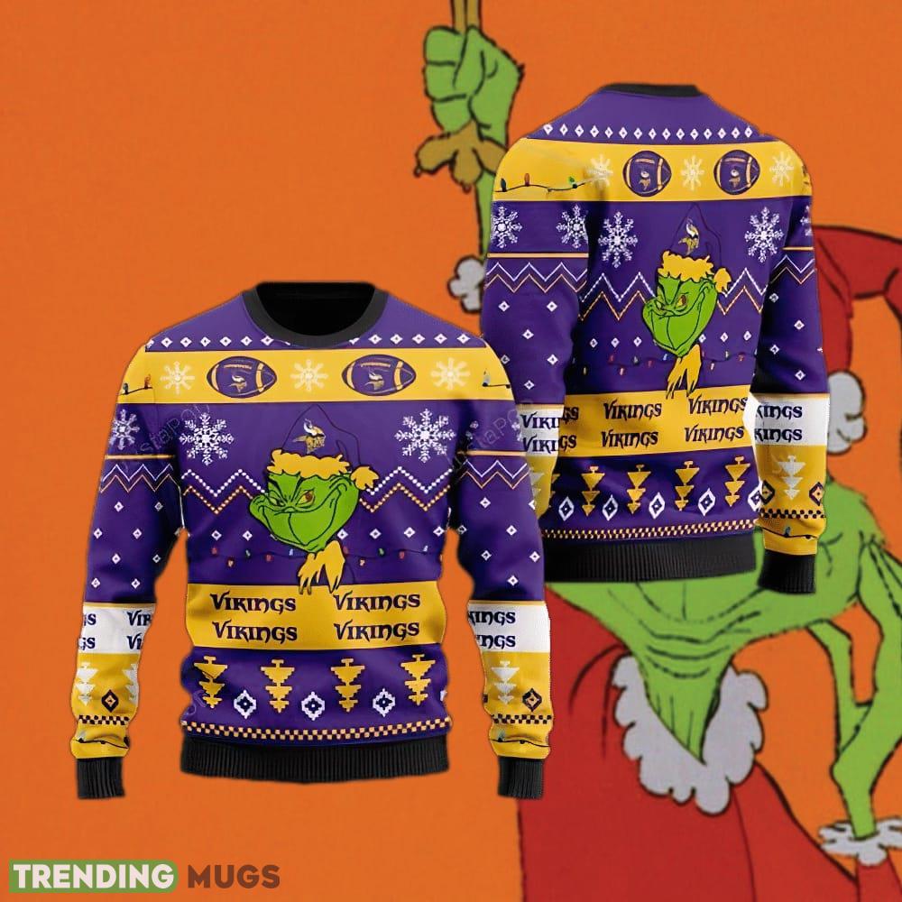 Minnesota Vikings American NFL Football Team Logo Cute Grinch Ugly Christmas 3D Sweater Tinsel - Minnesota Vikings American NFL Football Team Logo Cute Grinch Ugly Christmas 3D Sweater Tinsel