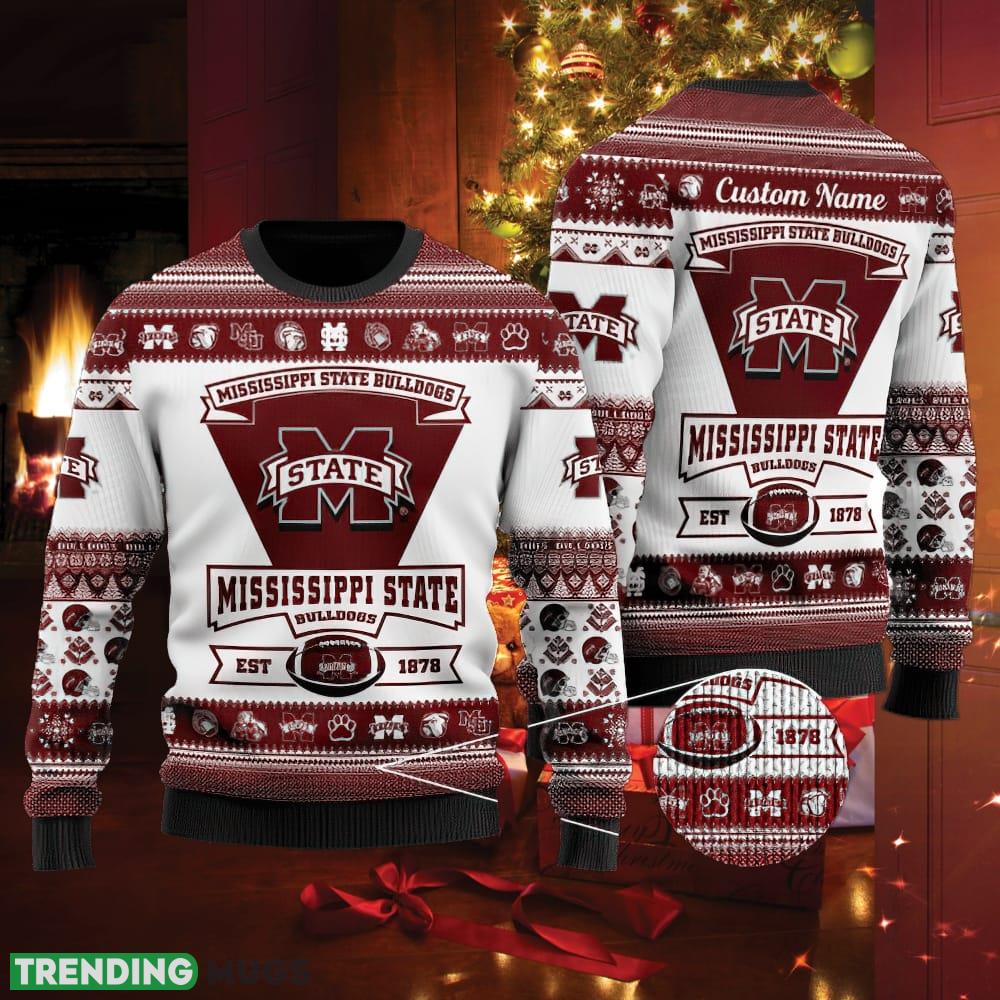 Mississippi State Bulldogs Football Team Logo Ugly Christmas Sweater AOP Fabric Custom Name - Mississippi State Bulldogs Football Team Logo Ugly Christmas Sweater AOP Fabric Custom Name
