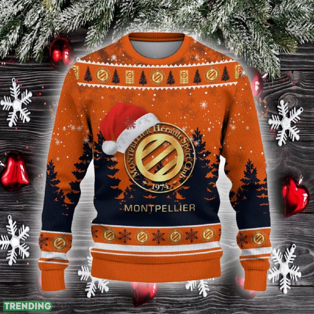 Montpellier HSC Ugly Christmas Sweater Santa Hat Logo Trending Christmas Gift For Fans - Montpellier HSC Ugly Christmas Sweater_2 Montpellier HSC Ugly Christmas Sweater Santa Hat Logo Trending Christmas Gift For Fans - Montpellier HSC Ugly Christmas Sweater_2