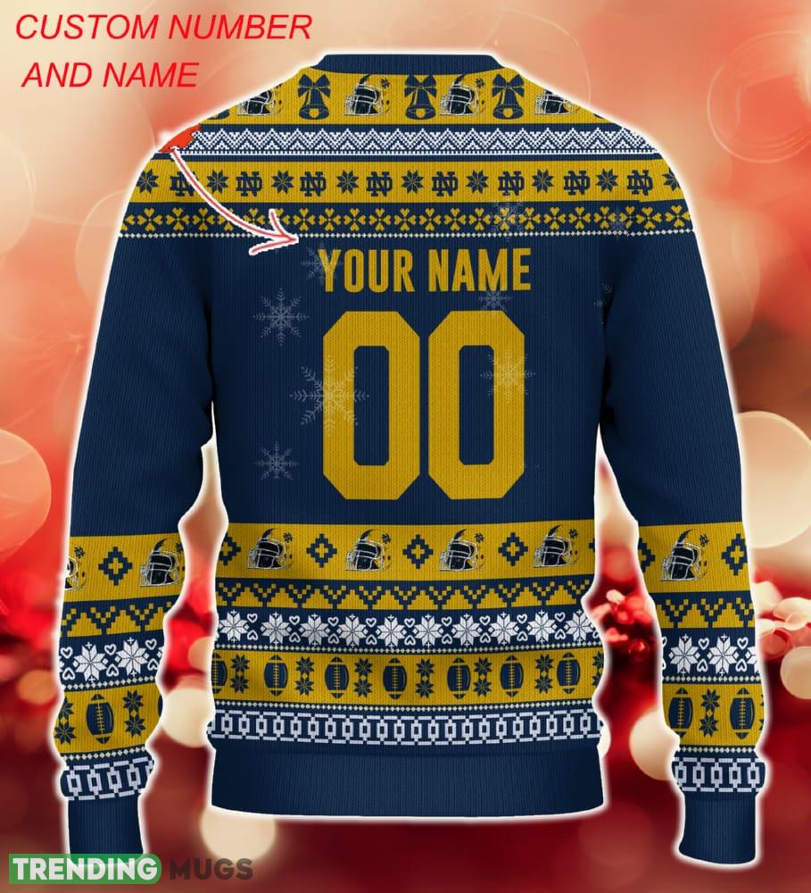 NCAA Notre Dame Fighting Irish Christmas Ugly Sweater Custom Number And Name Gift For Fans Holidays 3D Sweater NCAA Notre Dame Fighting Irish Christmas Ugly Sweater Custom Number And Name Gift For Fans Holidays 3D Sweater