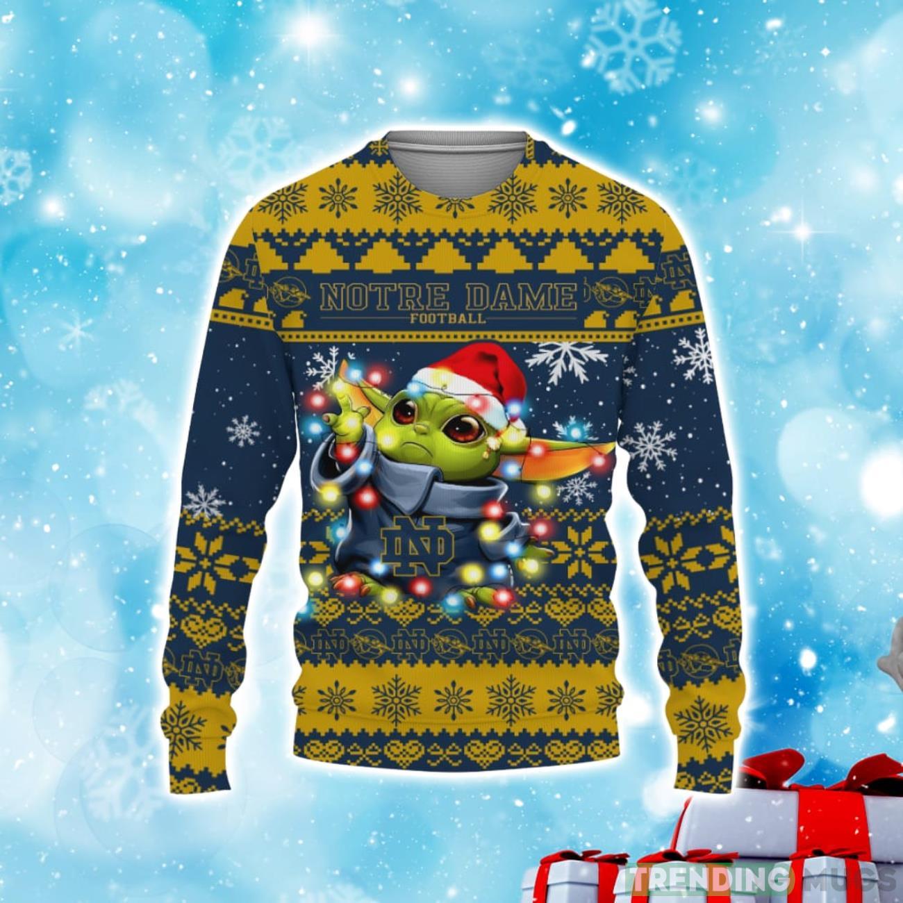 Notre Dame Fighting Irish Baby Yoda Star Wars Sports Football American Ugly Christmas Sweater Product Photo 1 Notre Dame Fighting Irish Baby Yoda Star Wars Sports Football American Ugly Christmas Sweater Product Photo 1