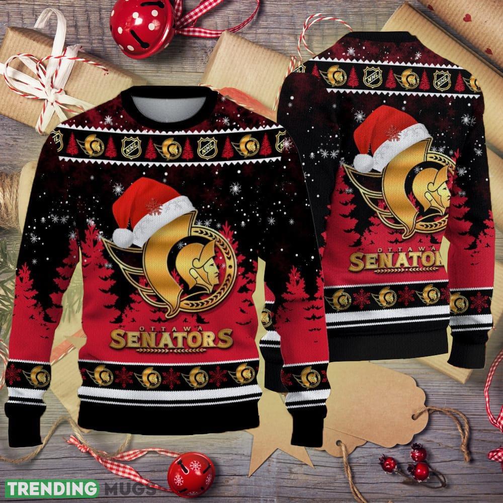 Ottawa Senators Logo Golden Fans Santa Hat Tree Ugly Christmas Sweater - Ottawa Senators Logo Golden Fans Santa Hat Tree Ugly Christmas Sweater