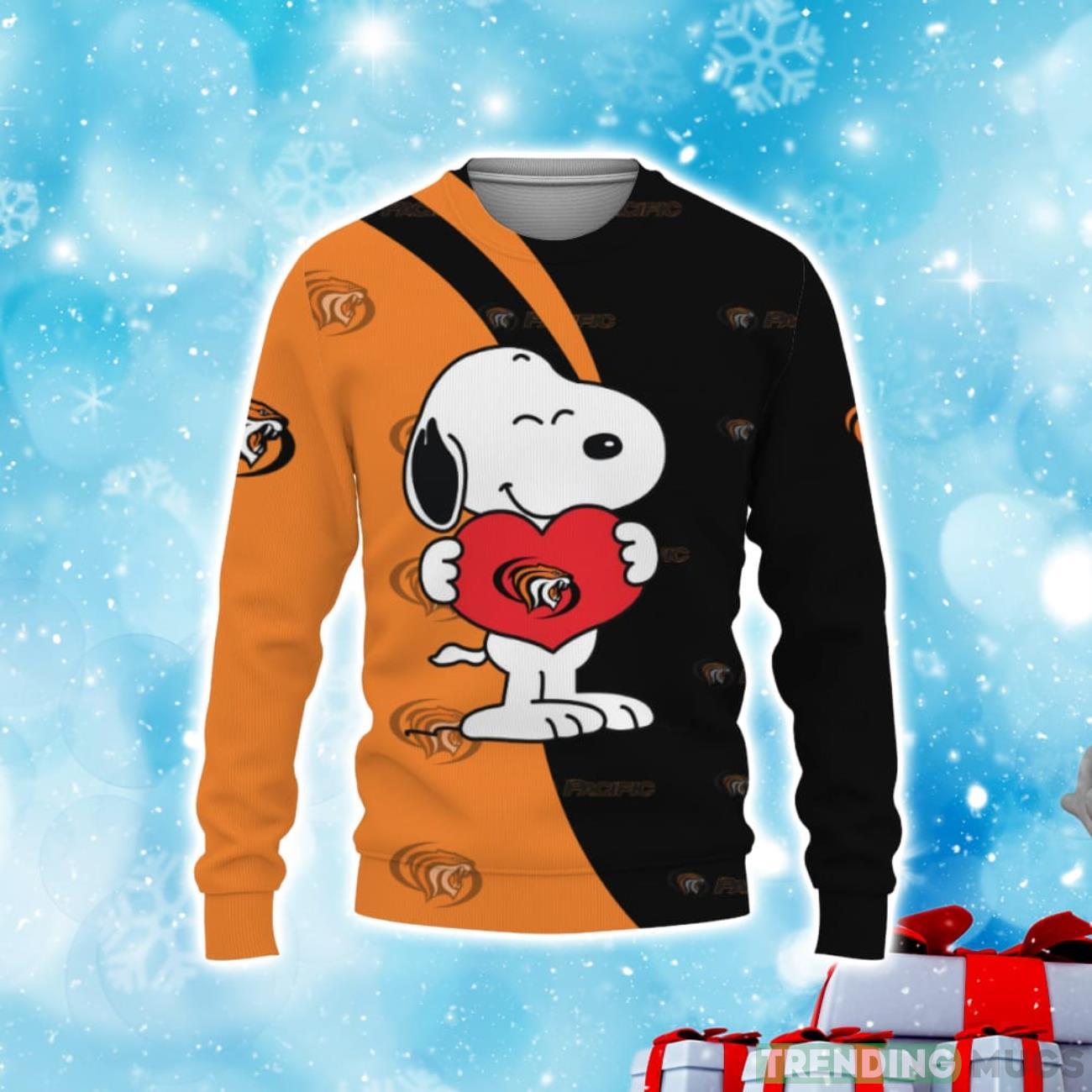 Pacific Tigers Snoopy Cute Heart American Sports Team Sweatshirt Christmas Sweater Product Photo 1 Pacific Tigers Snoopy Cute Heart American Sports Team Sweatshirt Christmas Sweater Product Photo 1