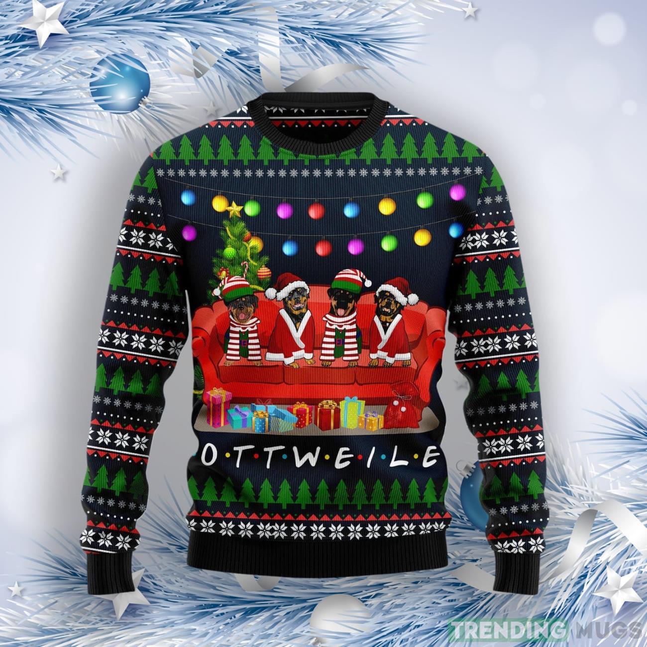 Rottweiler Friends On Red Sofa Ugly Christmas Sweater Product Photo 1 Rottweiler Friends On Red Sofa Ugly Christmas Sweater Product Photo 1