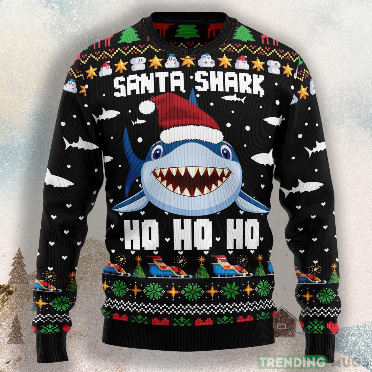 Santa Shark Ho Ho Ho Ugly Christmas Sweater For Men & Women Product Photo 1 Santa Shark Ho Ho Ho Ugly Christmas Sweater For Men & Women Product Photo 1