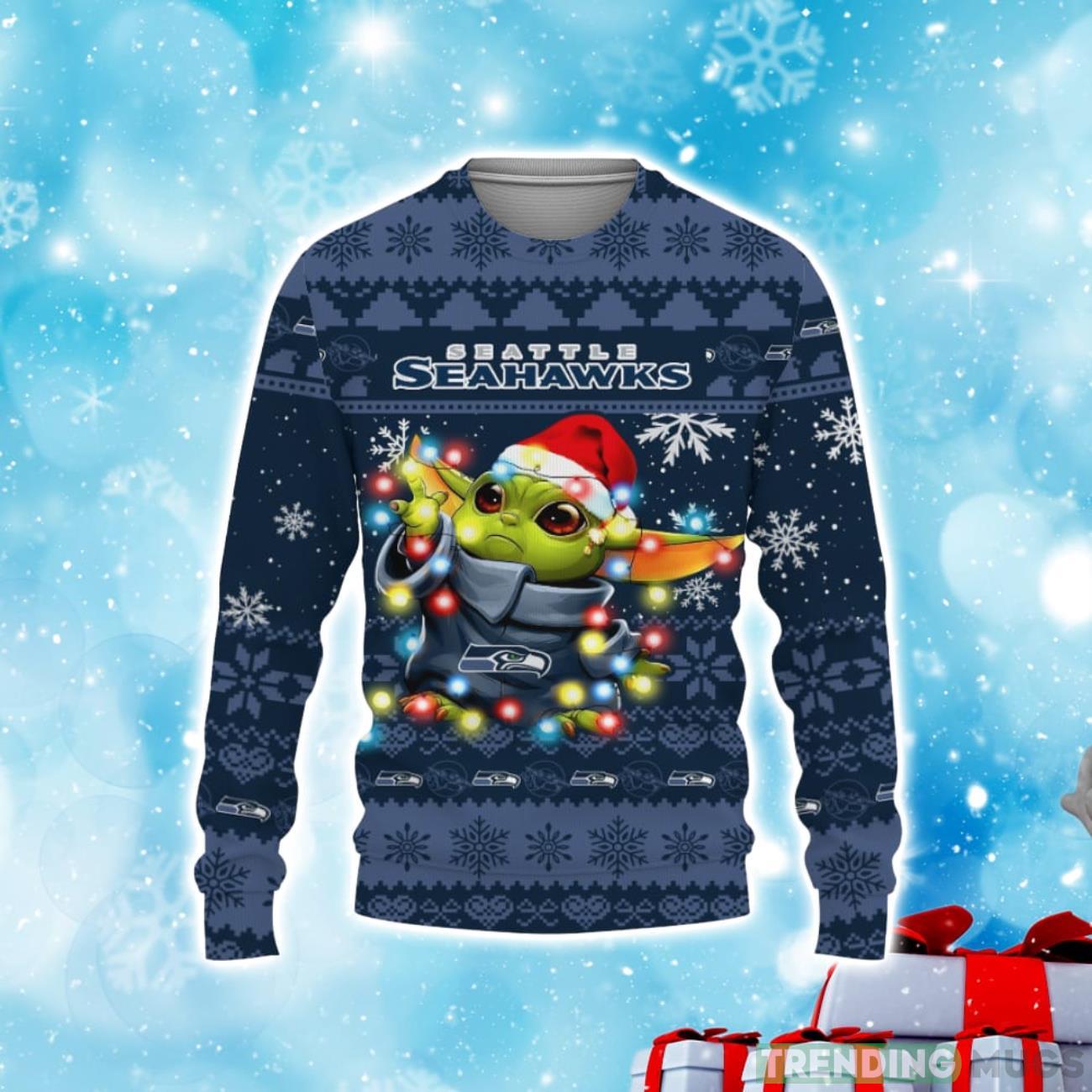 Seattle Seahawks Baby Yoda Star Wars Sports Football American Ugly Christmas Sweater Product Photo 1 Seattle Seahawks Baby Yoda Star Wars Sports Football American Ugly Christmas Sweater Product Photo 1