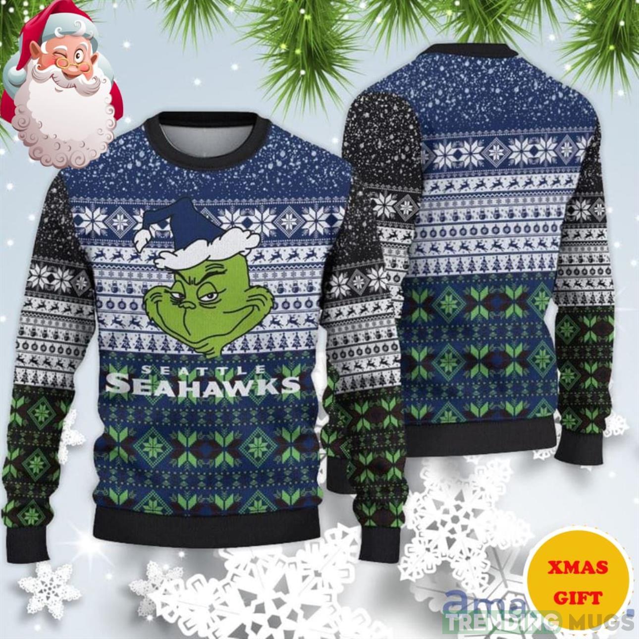 Seattle Seahawks Christmas Grinch AOP Sweater Product Photo 1 Seattle Seahawks Christmas Grinch AOP Sweater Product Photo 1