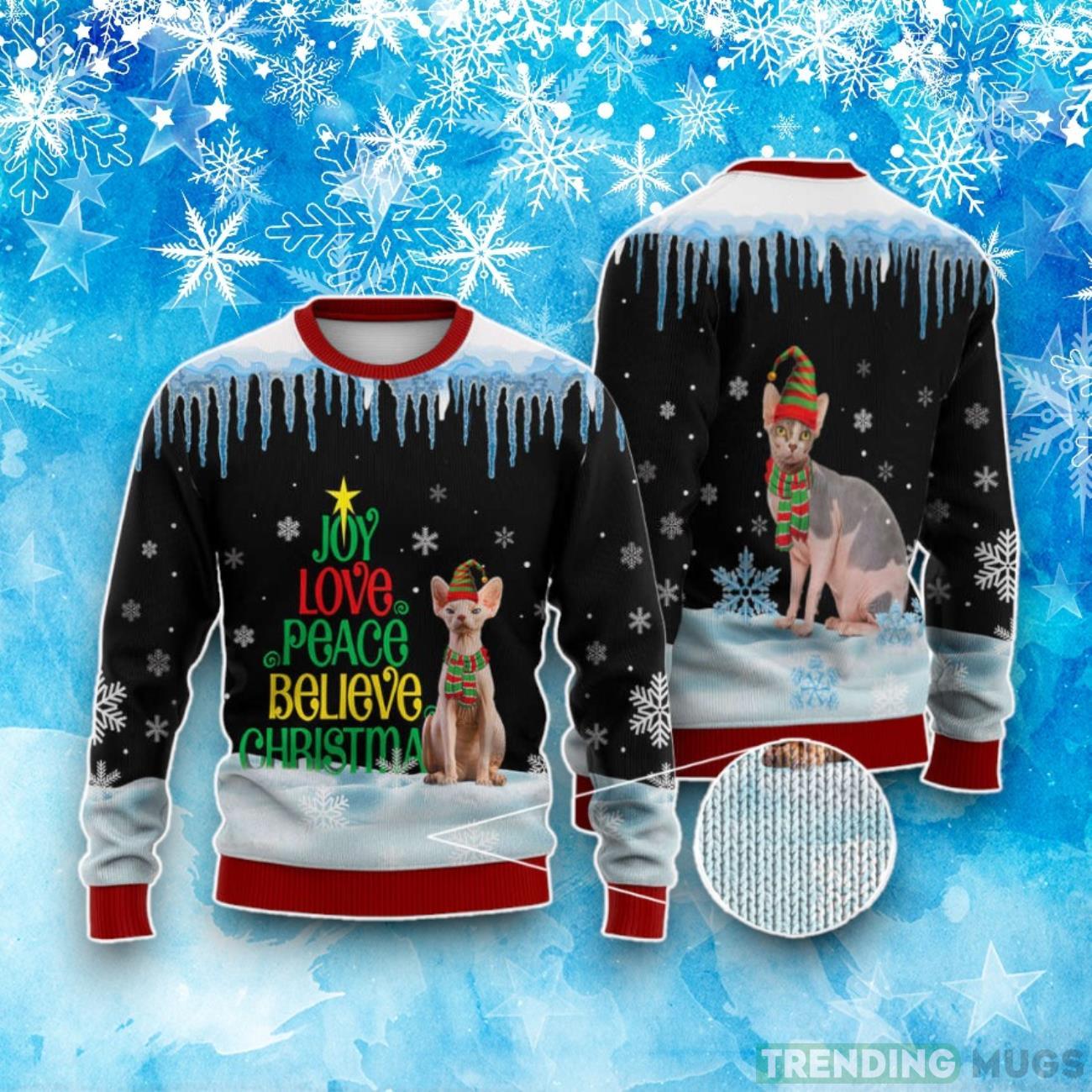 Sphynx Cat Joy Love Peace Believe Christmas Ugly Christmas Sweater Product Photo 1 Sphynx Cat Joy Love Peace Believe Christmas Ugly Christmas Sweater Product Photo 1